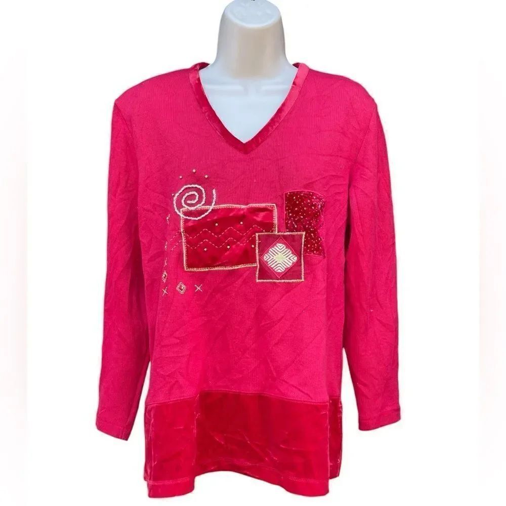 Bobbie Brooks Large Red Christmas Sweatshirt Velvet/knit Gold embroidered